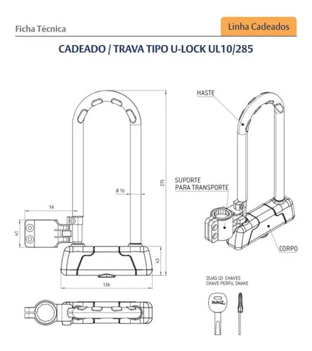 Cadeado Trava Tipo U-Lock UL 10/285 para Bicicleta e Motocicleta Papaiz 3