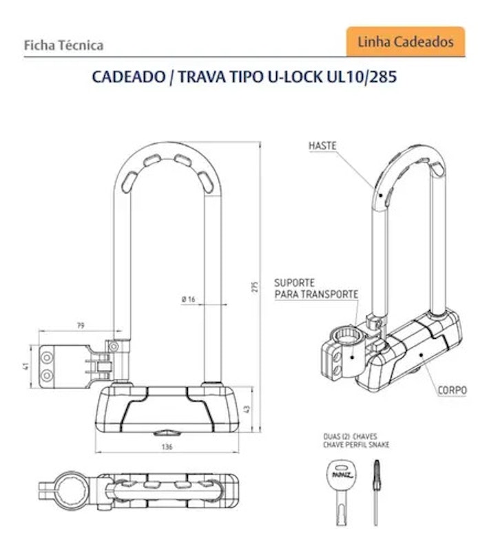 Cadeado Trava Tipo U-Lock UL 10/285 para Bicicleta e Motocicleta Papaiz 3