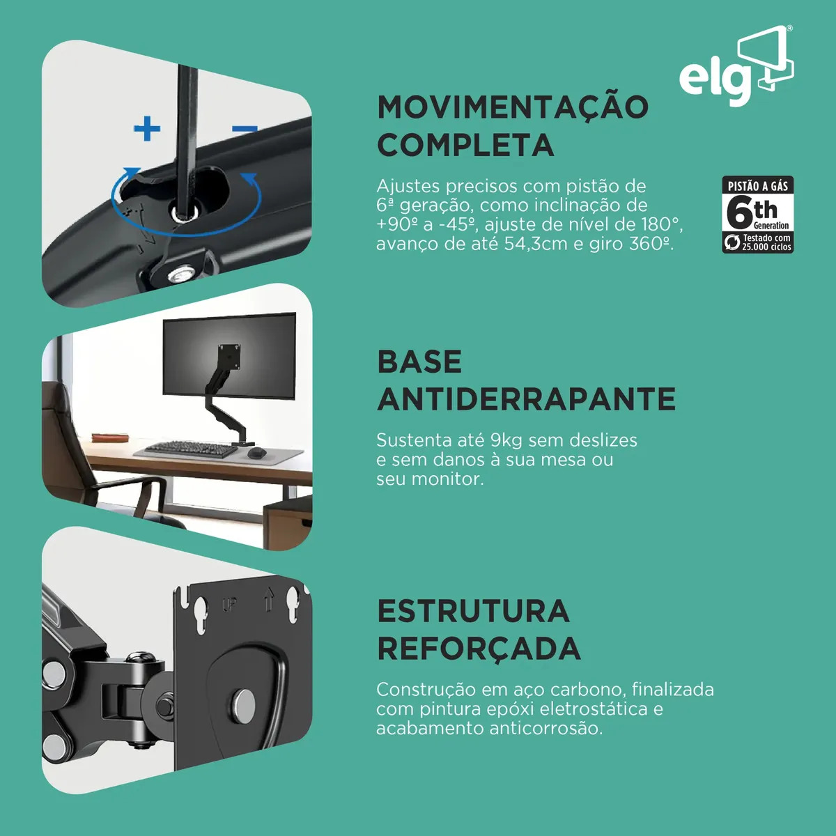 Suporte Ergonômico de Mesa para Monitor 17" a 35", Pistão a Gás, Suporte até 9 kg, VESA 75-100 Elg 3