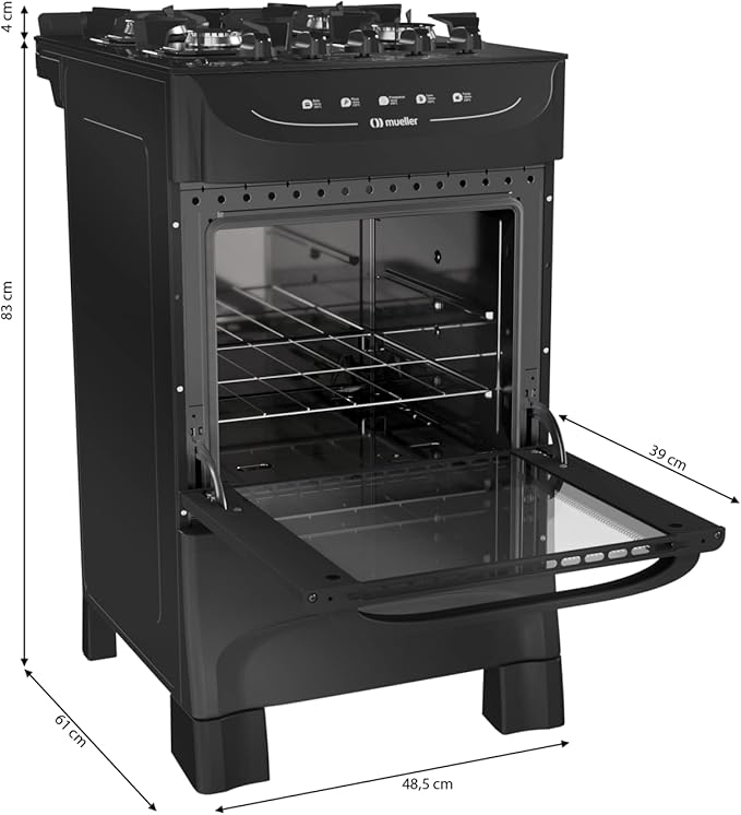 Fogão Mueller Preto Fosco 4 Bocas com Mesa de Vidro e Acendimento 2
