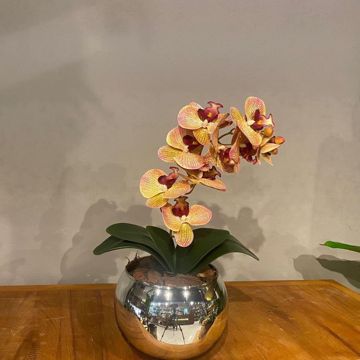 Orquídea Tigre Rosa Artificial Arranjo no Vaso Espelhado  2