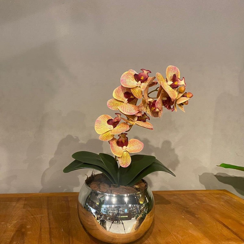 Orquídea Tigre Rosa Artificial Arranjo no Vaso Espelhado 2