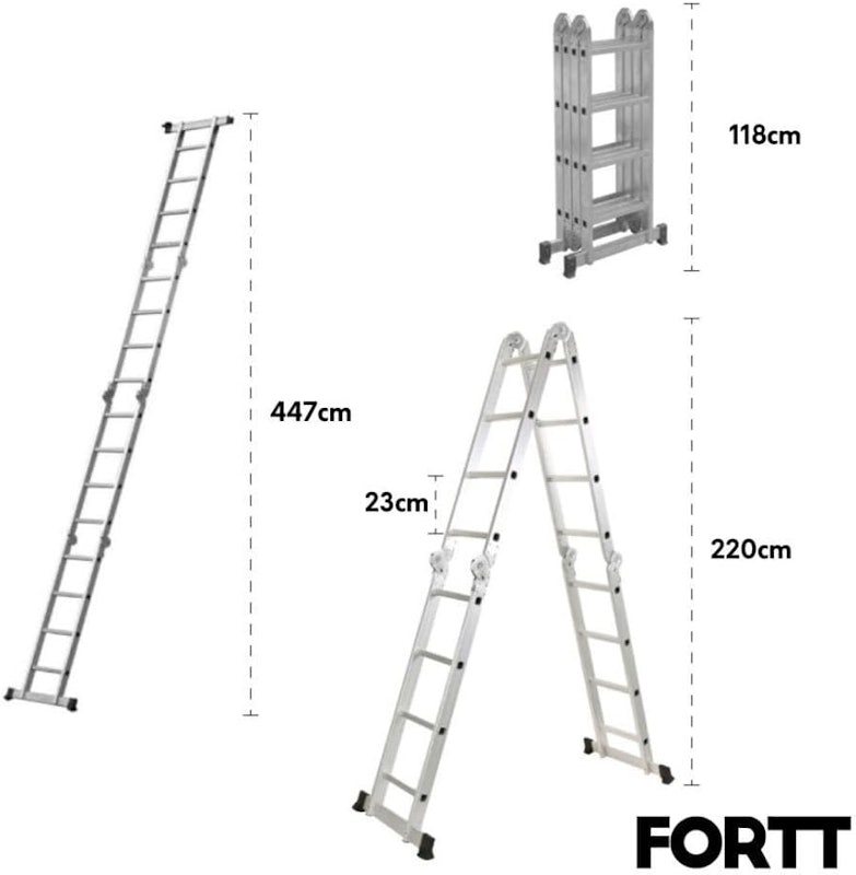 Escada Articulada Multifuncional 4x4 Alumínio 16 Degraus 4,47 m Fortt 2