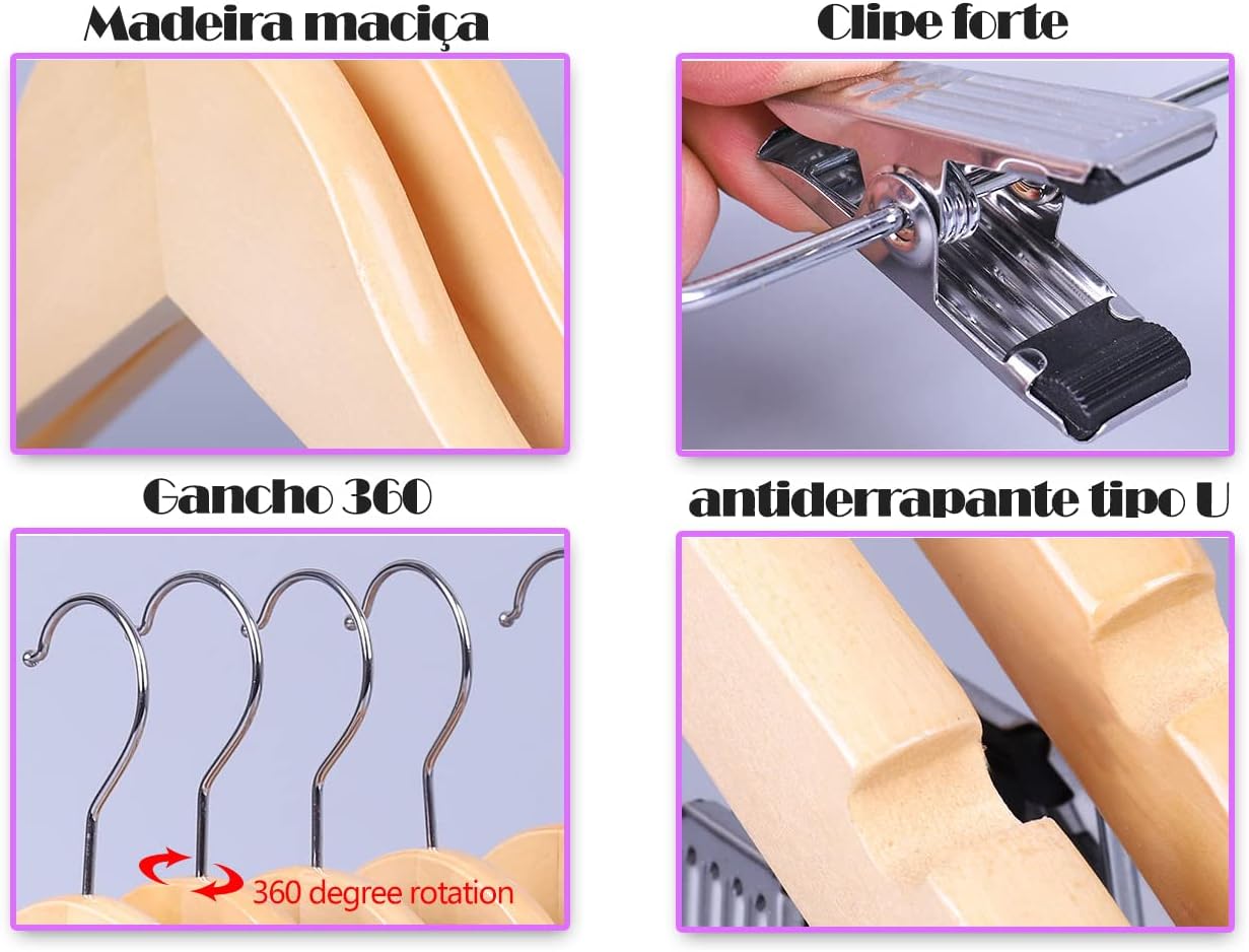 Kit 10 Unidades Cabide de Madeira 44 cm Premium com Presilha Marfim 2