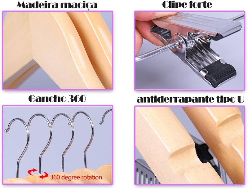 Kit 10 Unidades Cabide de Madeira 44 cm Premium com Presilha Marfim 2