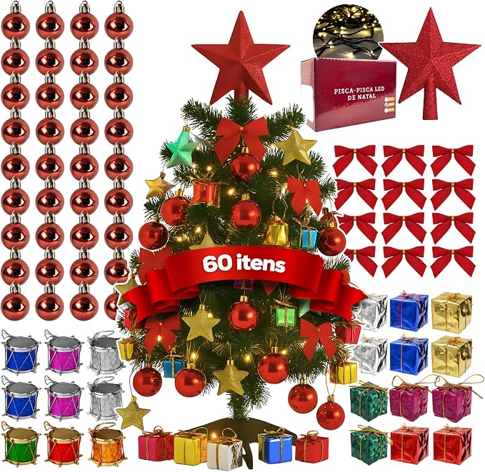 Kit Árvore de Natal Completo com Pisca-Pisca e 60 Enfeites 1