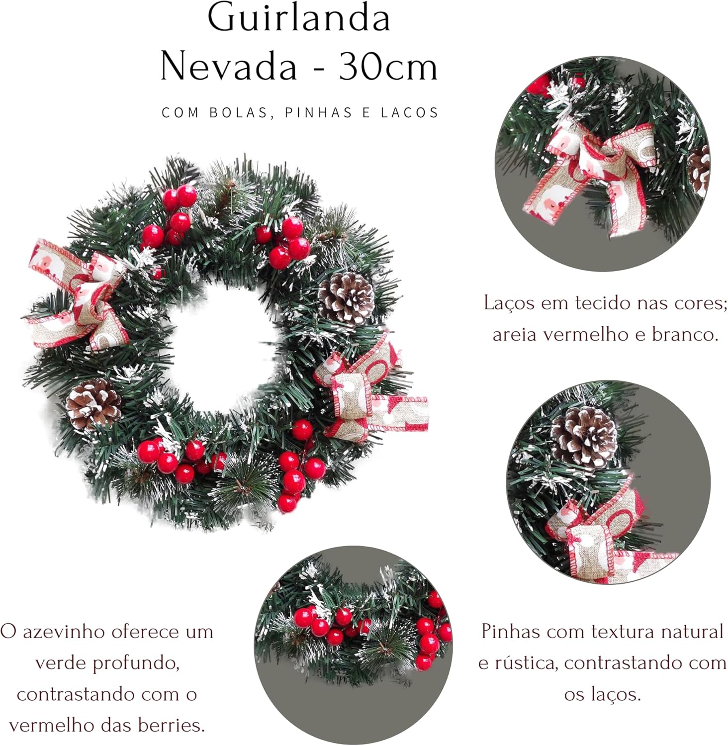 Guirlanda de Natal Nevada com Laços, Pinhas e Azevinhos 3