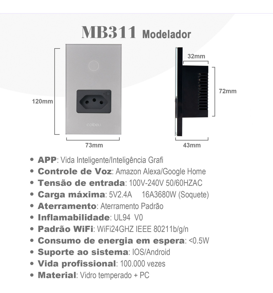 Interruptor Inteligente de Parede Touch com Tomada Embutida Coibeu 2