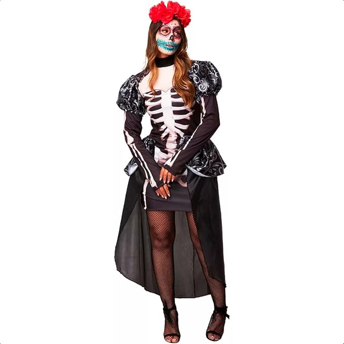 Fantasia Halloween Feminina Caveira Mexicana Manga Longa com Ossos 2