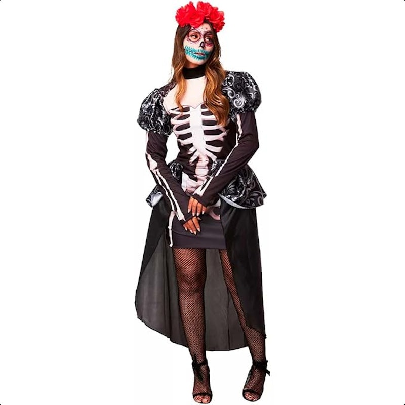 Fantasia Halloween Feminina Caveira Mexicana Manga Longa com Ossos 2