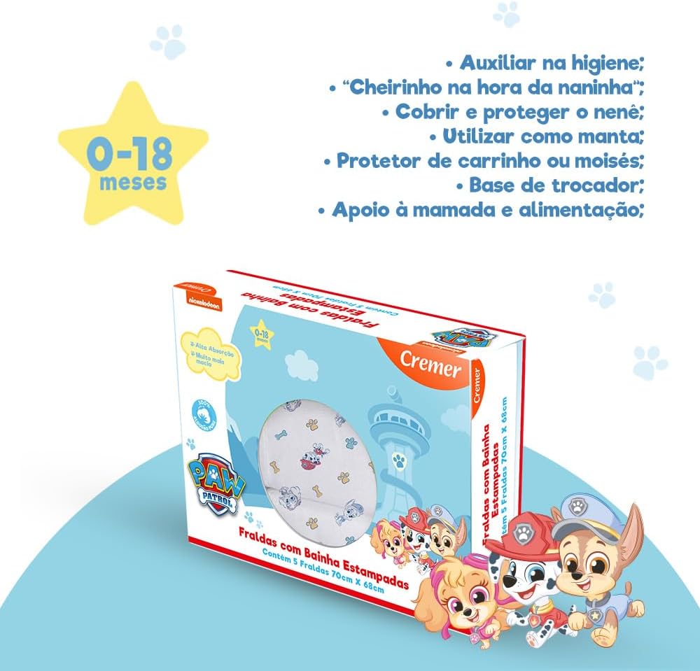 Fralda de Pano Estampada Luxo Patrulha Canina 3