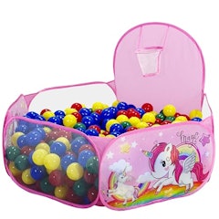 Piscina de Bolinhas Infantil Rosa Unicórnio com Cesta de Basquete e 50 Bolinhas