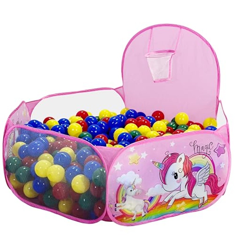 Piscina de Bolinhas Infantil Rosa Unicórnio com Cesta de Basquete e 50 Bolinhas 1