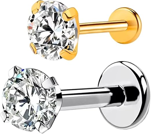 Kit 2 Piercings Zircônia Dourado e Prata Titânio Hipoalergênico 1