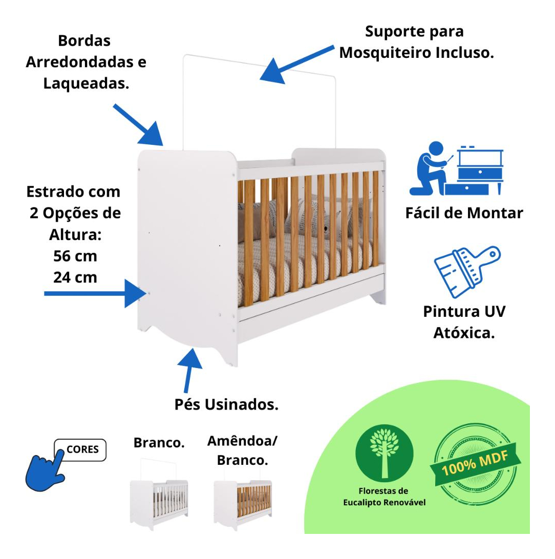 Quarto de Bebê Completo com Berço Americano Ben 3 Em 1 Guarda Roupa 3 Portas e Cômoda Uli 4 Gavetas  2