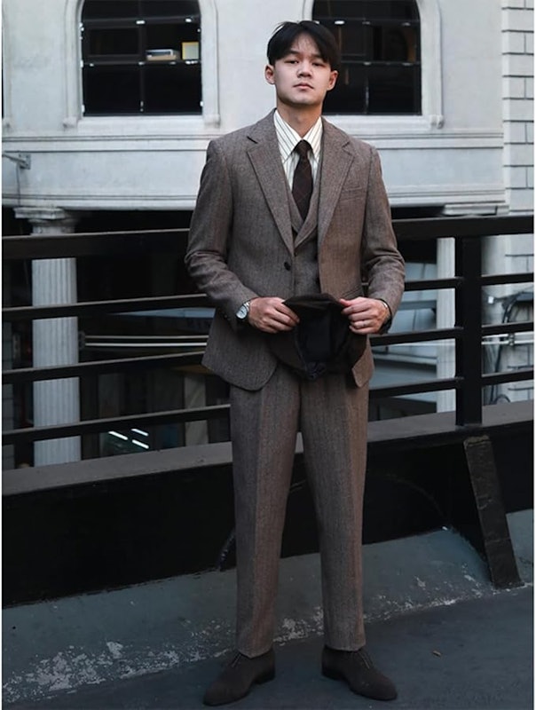 Terno Masculino Formal de Lã de Tweed 3 Peças para Casamento Slim Fit Tuikayoo 2