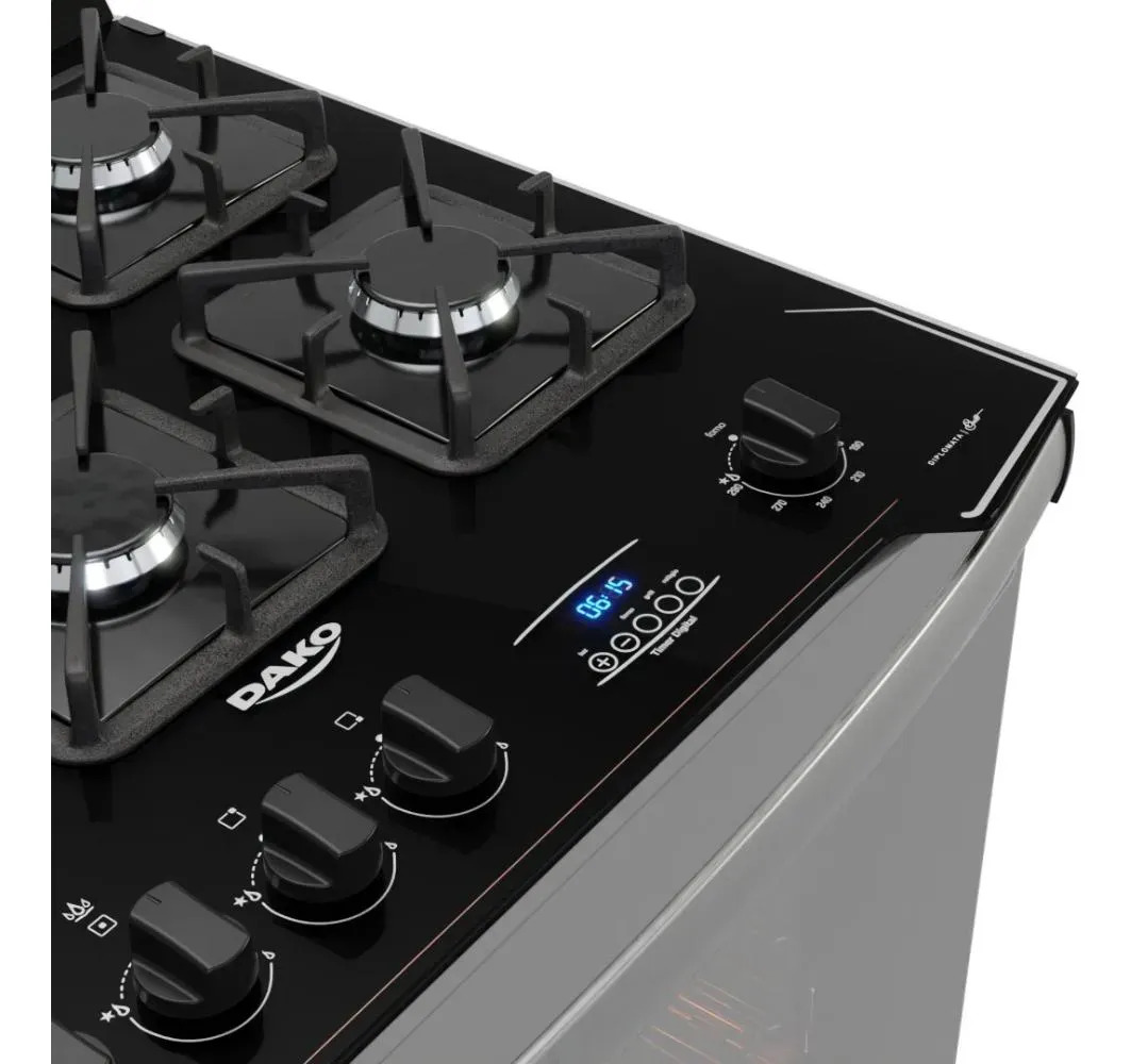 Fogão 5 Bocas Espelhado com Tripla Chama do Lado Esquerdo Dako Diplomata Glass Grill Style 5