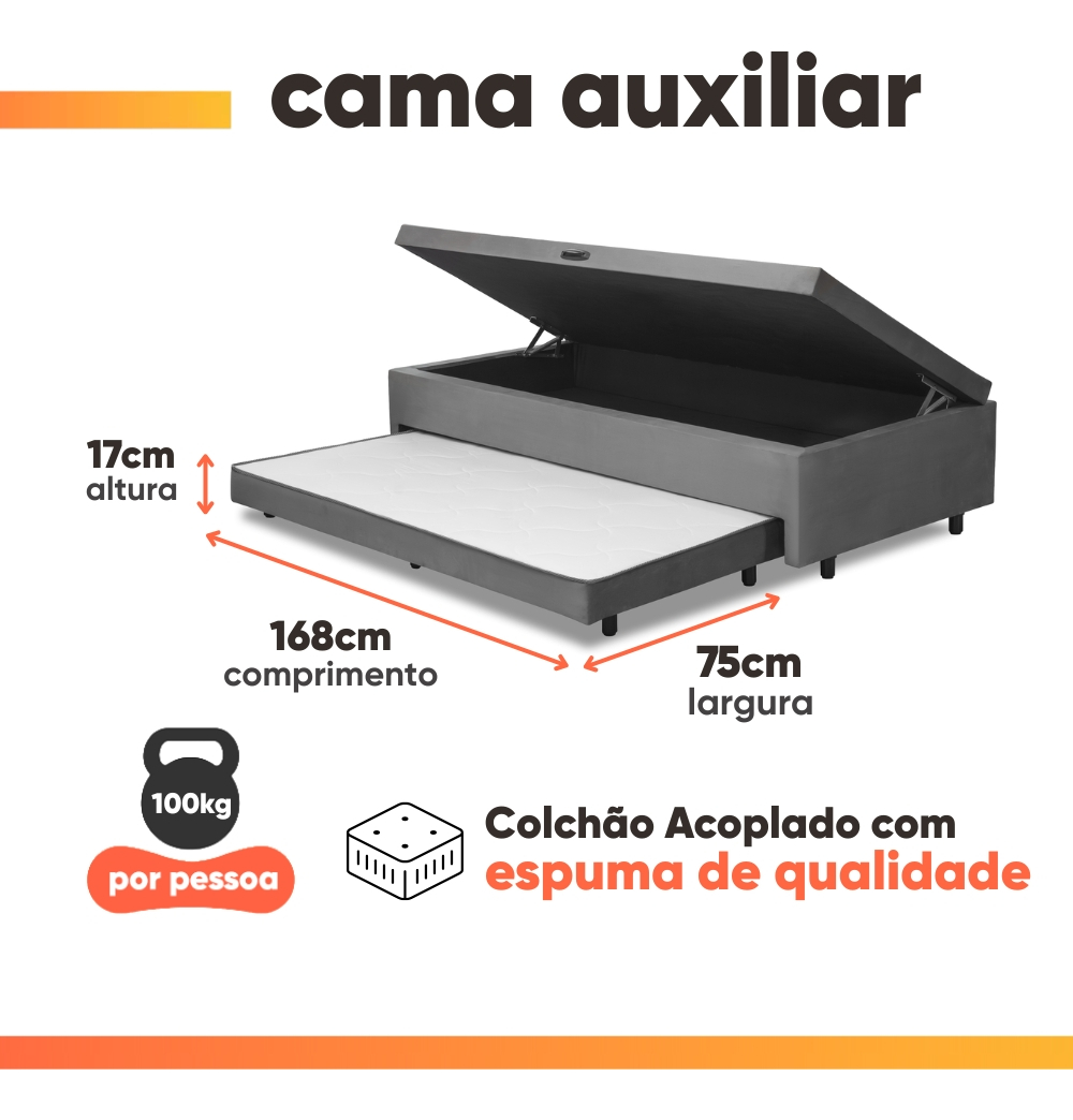 Cama Bibox Baú com Colchão Fort Solteiro e Cama Auxiliar Conjugada Bela 4