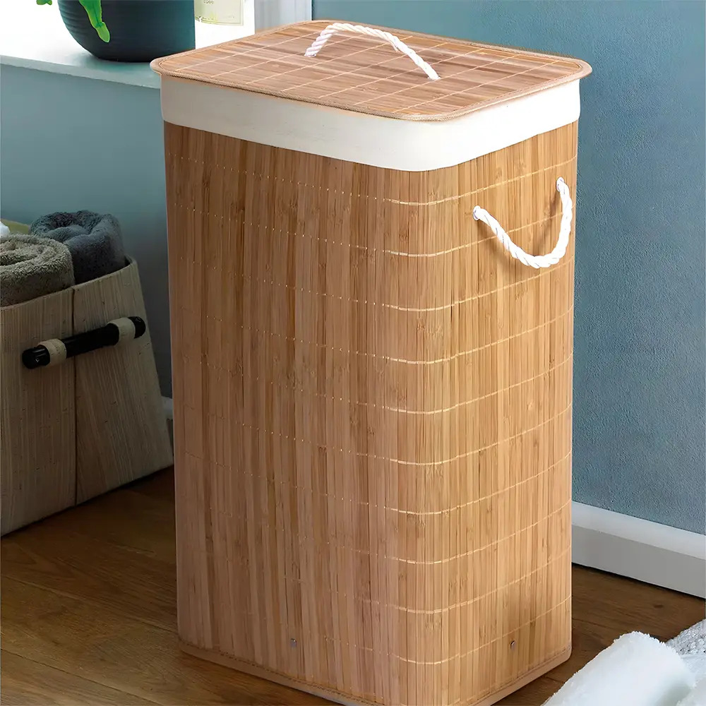 Cesto de Bambu Ecológico para Lavanderia com Tampa e Alças de Fibra Natural 4