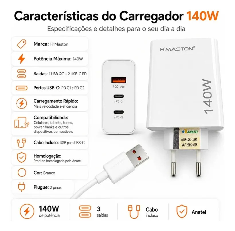 Carregador Turbo 140 W USB-C 5