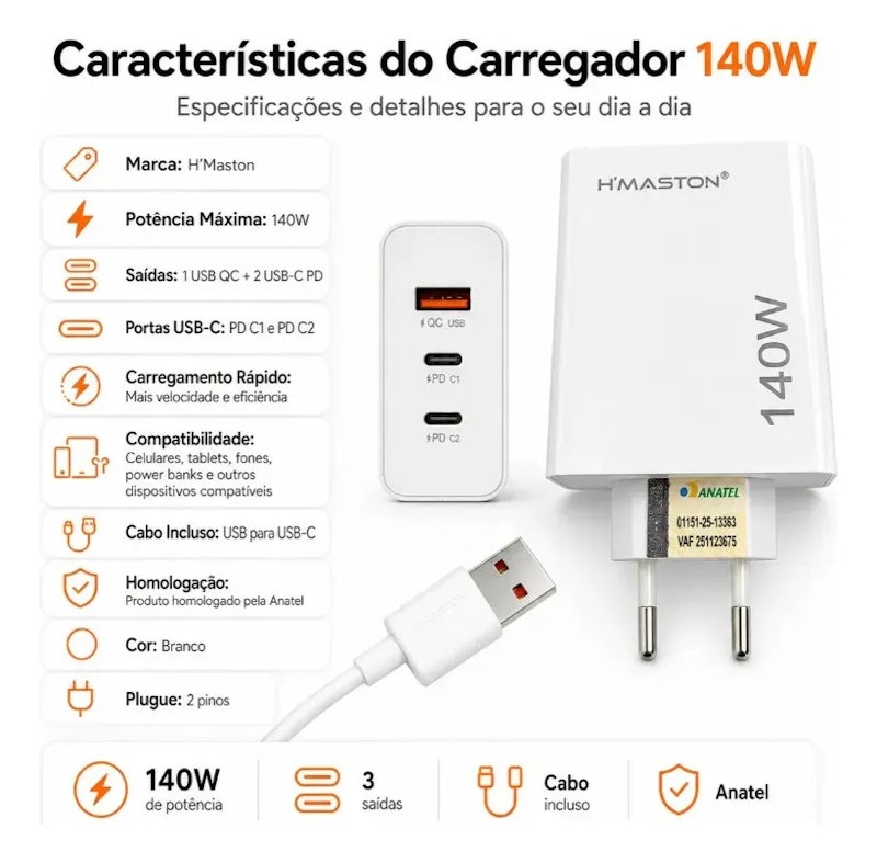 Carregador Turbo 140 W USB-C 5