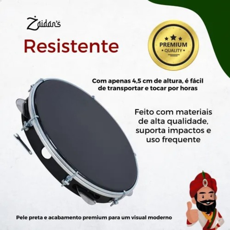 Pandeiro Profissional 10" ABS Pele Preta 4