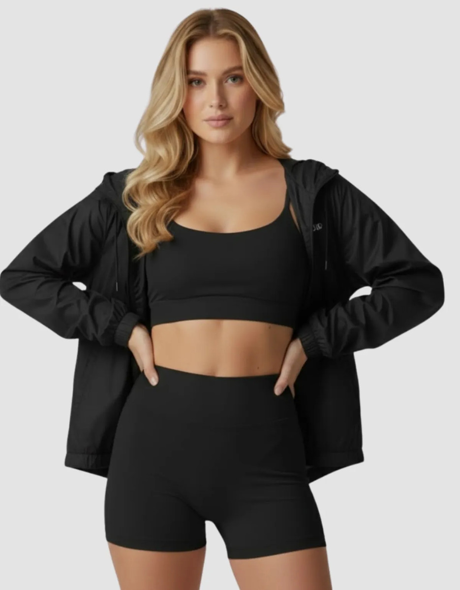 Jaqueta Corta-Vento Feminina Ultra Leve Fitness Casual com Capuz 1
