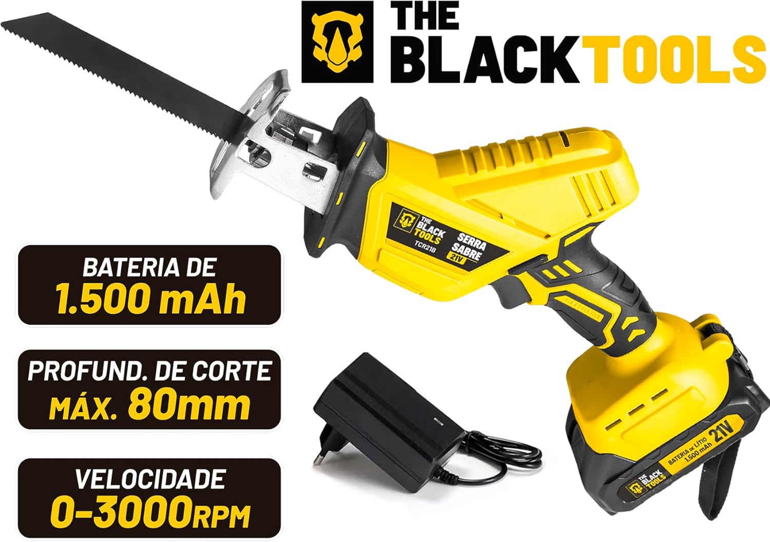 Serra Sabre a Bateria 21 V Profissional Portátil 3000 RPM TCR21B The Black Tools 3