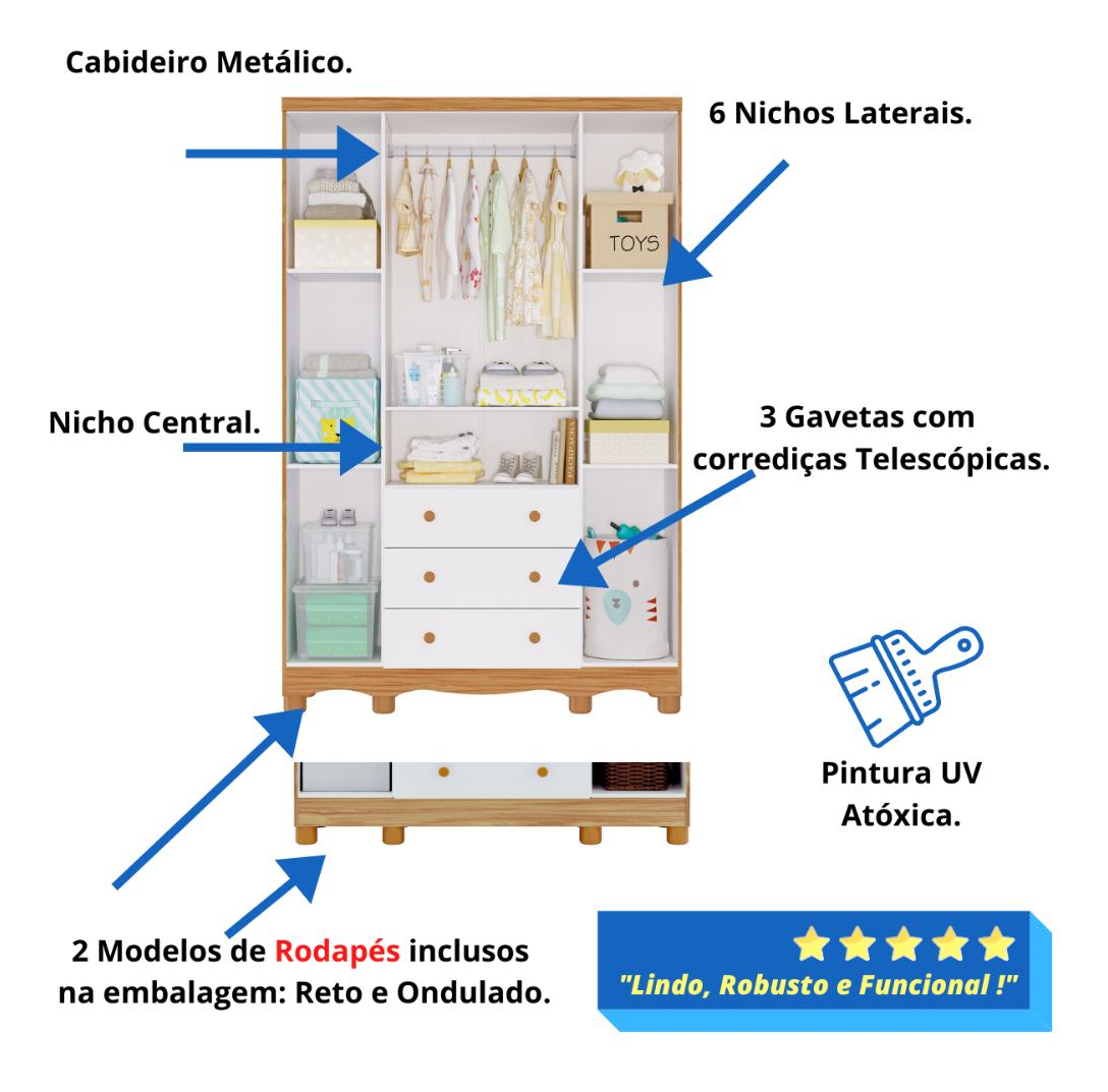 Quarto de Bebê Completo com Berço Americano Ben 3 Em 1 Guarda Roupa 3 Portas e Cômoda Uli 4 Gavetas  4