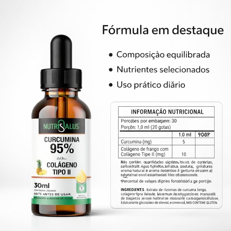 Curcumina 95% com Colágeno Tipo II Gotas NutriSalus 3