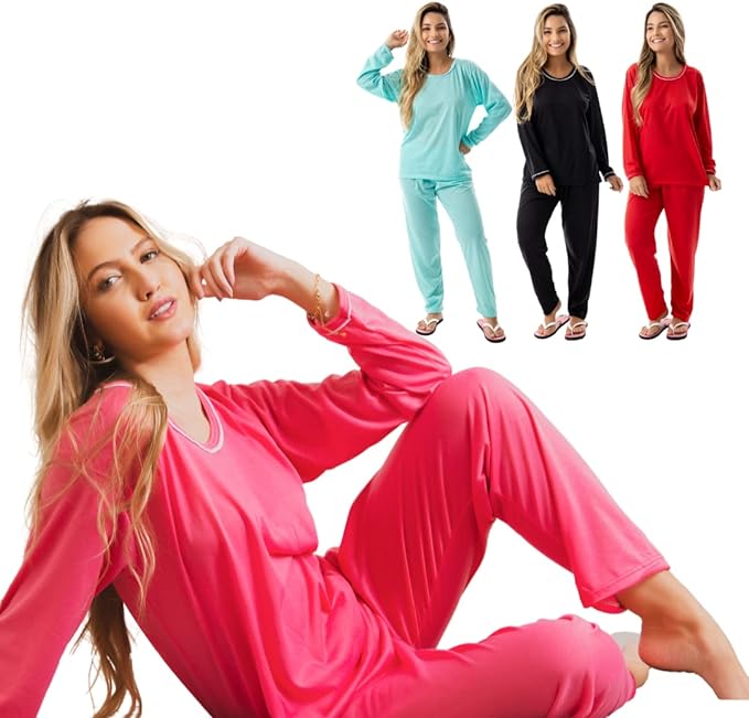 Pijama Confortável Longo em Malha Suave Lisa 4