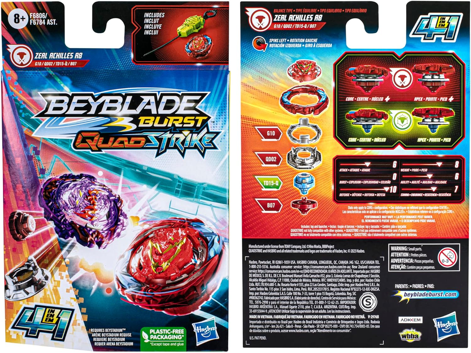 Pião e Lançador Beyblade Burst QuadStrike - Zeal Achilles A8 5