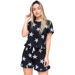 Pijama Feminino Manga Curta com Babado Estampado Baby Doll
