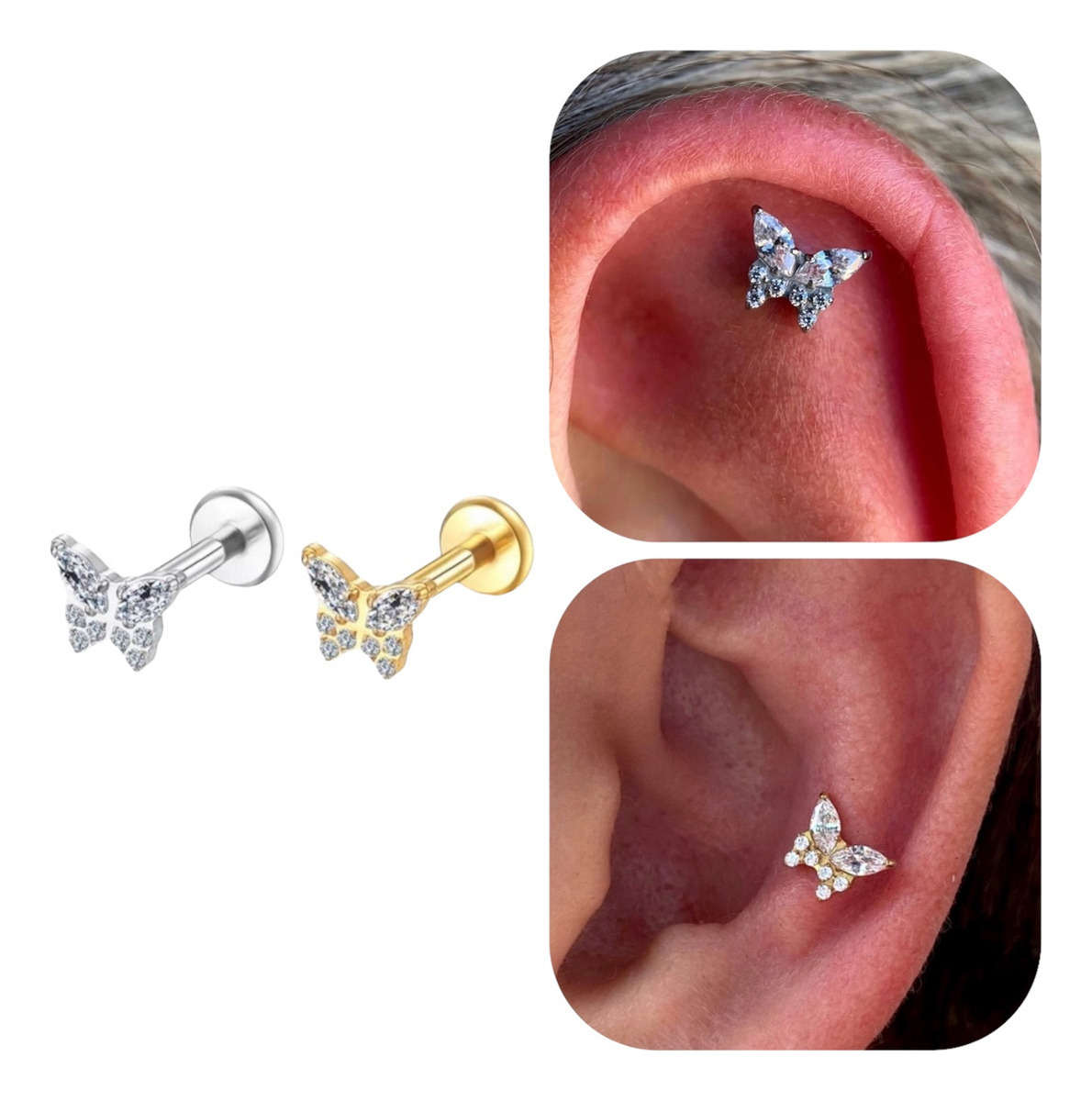 Piercing Titânio Mini Borboleta Cravejada Tragus Conch Natural 8 mm Mega Piercing 1
