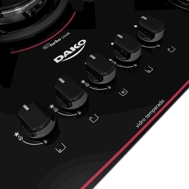 Cooktop 5 Bocas Preto com Mesa de Vidro e Tripla Chama Dako Supreme 3