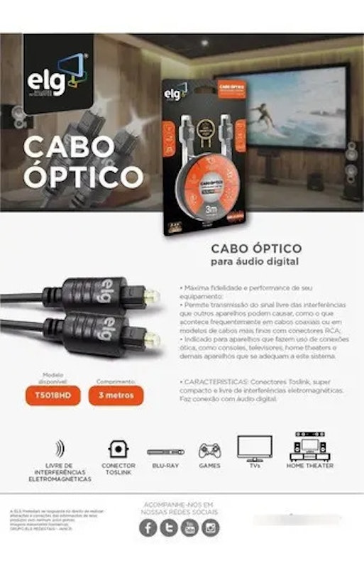 Cabo Óptico 3 m com Conectores Toslink Elg 4