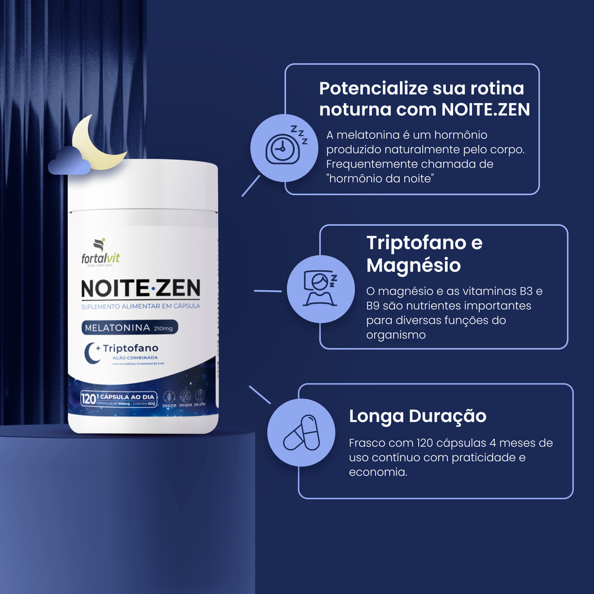 Noite.Zen Melatonina 0,21 mg, Triptofano, Magnésio, Vitaminas B3 e B9 3