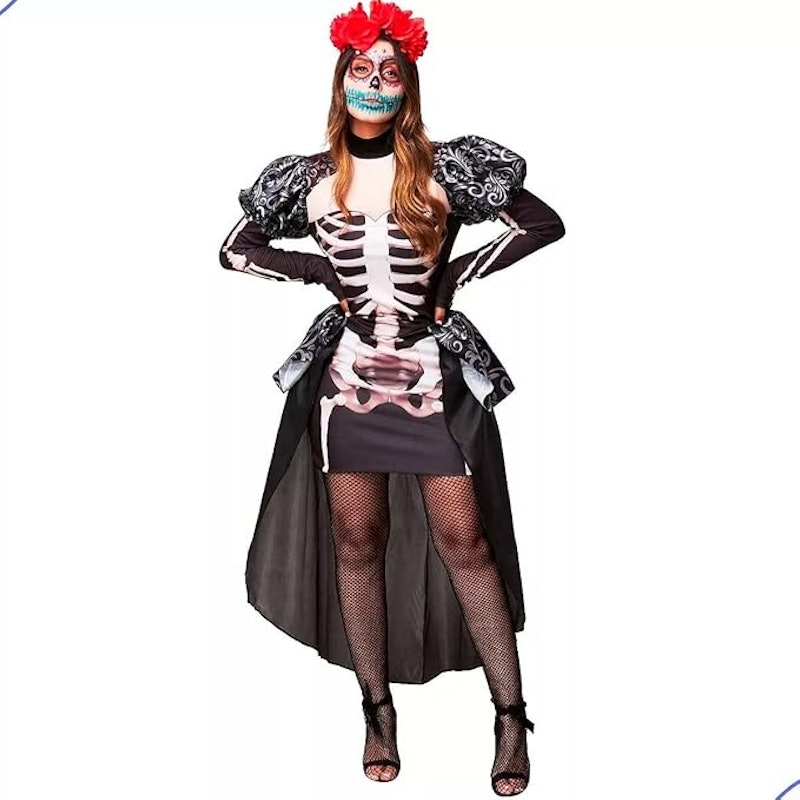 Fantasia Halloween Feminina Caveira Mexicana Manga Longa com Ossos 1