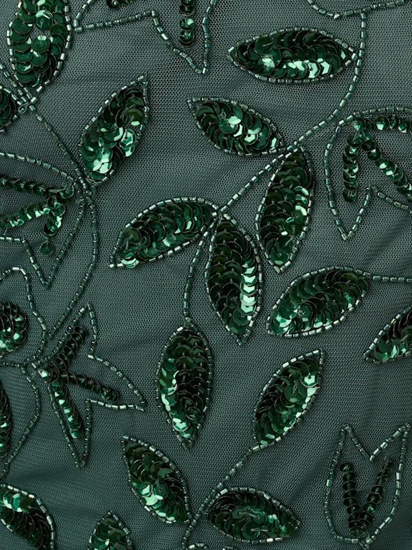 Vestido Godê Floral de Manga Curta com Bordados à Mão Esmeralda Acinzentado 3