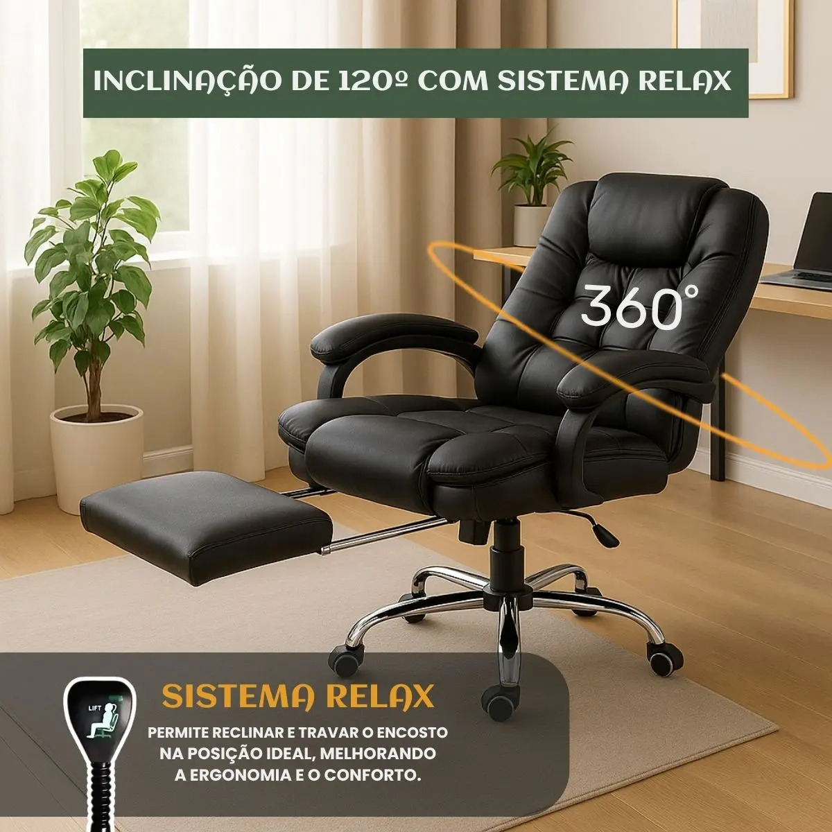 Cadeira de Escritório Itália Presidente Ergonômica Couro Sintético LuvinCo 2