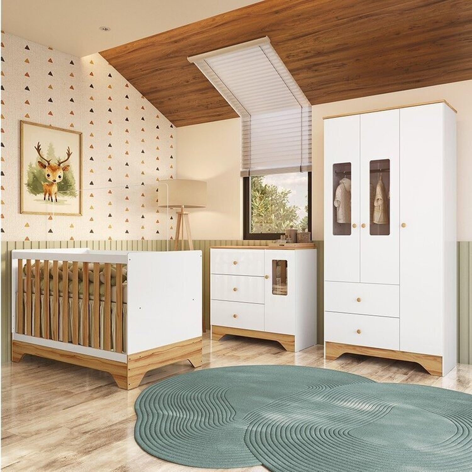 Quarto de Bebê Completo Guarda-Roupa e Cômoda com Janelas e Berço 100% MDF Ravy 1