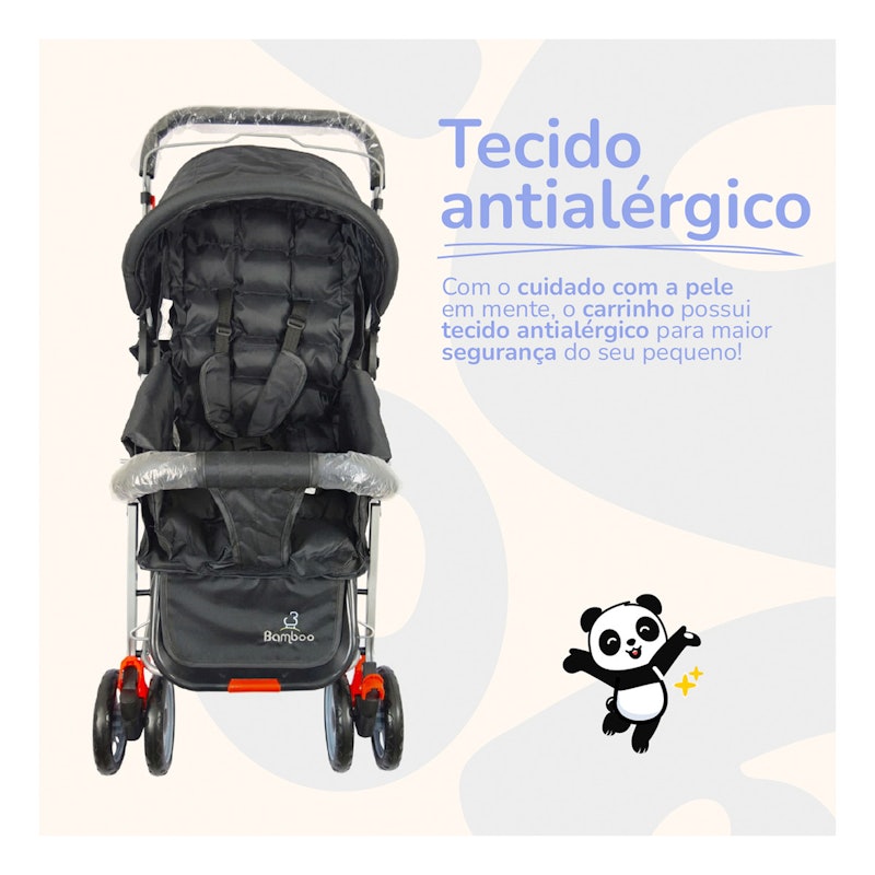 Carrinho Bebê Passeio Reclinável Reversível Mosquiteiro Bamboo Preto + Bolsa 5