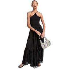 Vestido Longo Frente Única em Georgette com Detalhes Franzidos