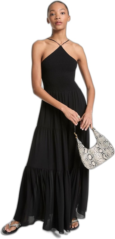 Vestido Longo Frente Única em Georgette com Detalhes Franzidos 1