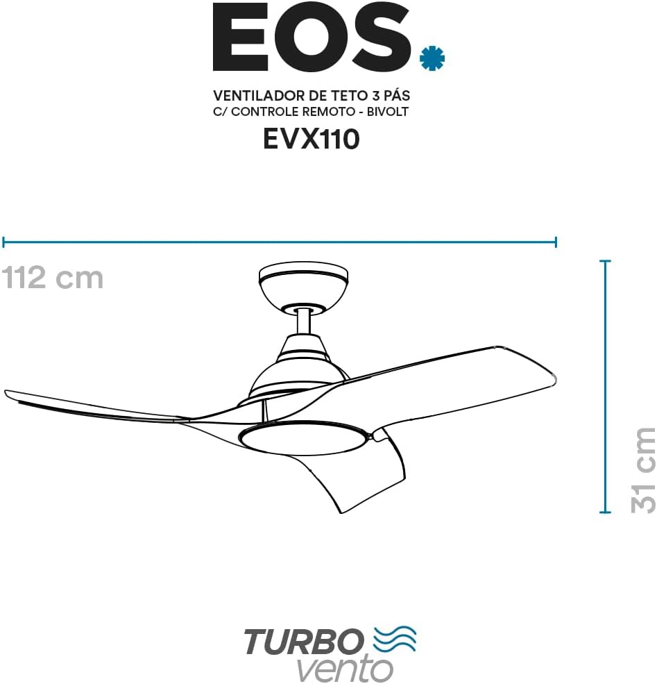 Ventilador de Teto EOS Turbo Vento 3 Pás com Controle Remoto Bivolt 3