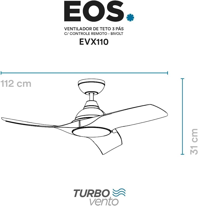 Ventilador de Teto EOS Turbo Vento 3 Pás com Controle Remoto Bivolt 3
