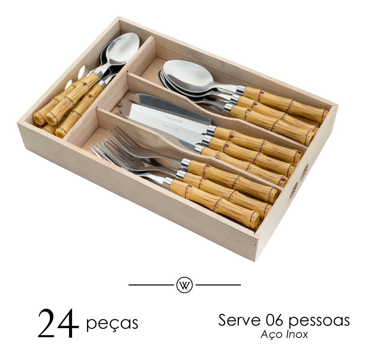 Faqueiro de Aço Inox com Cabo Plástico Bambu 24 Peças 3