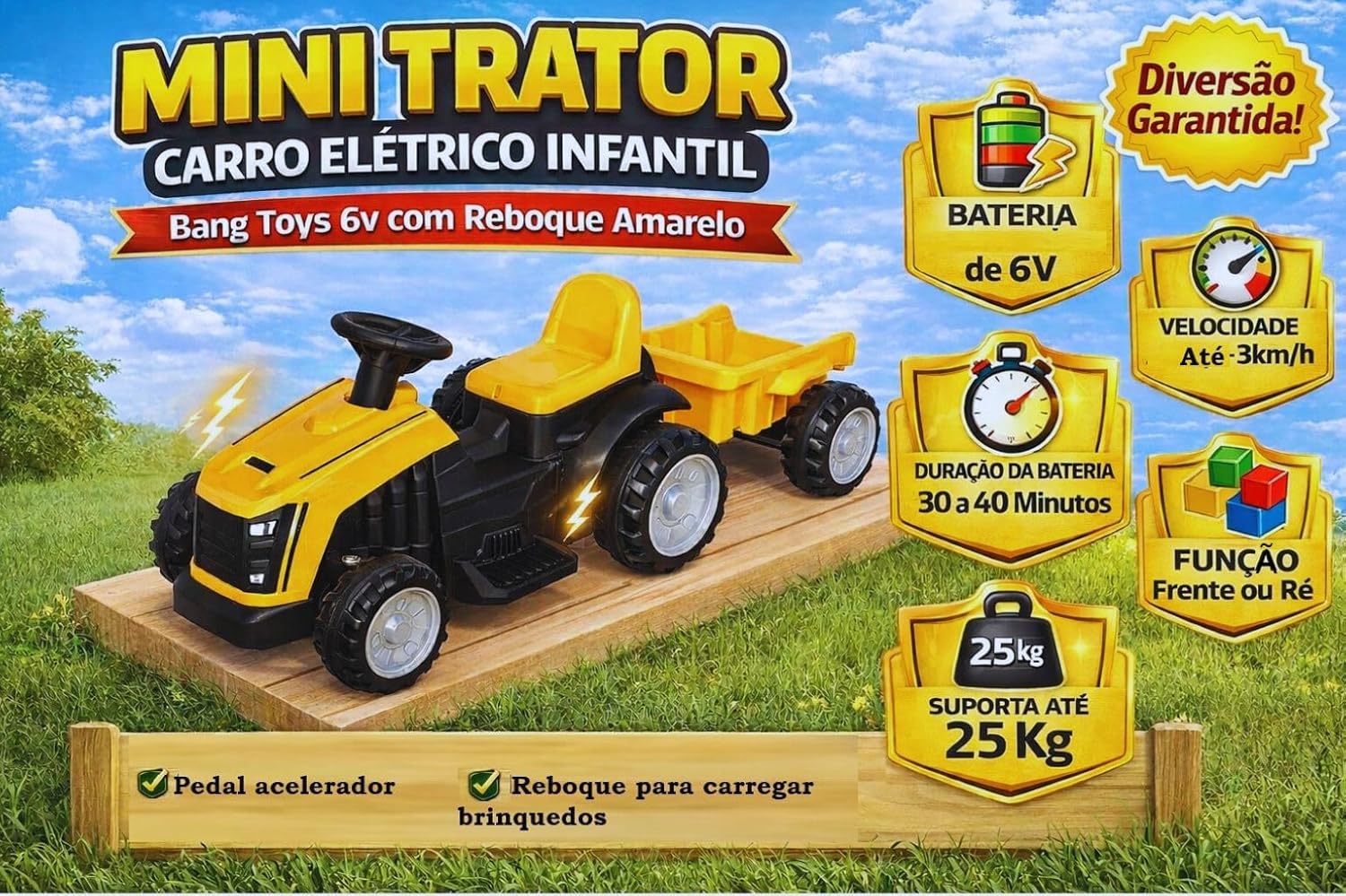 Carro Elétrico Trator Amarelo Bang Toys 5