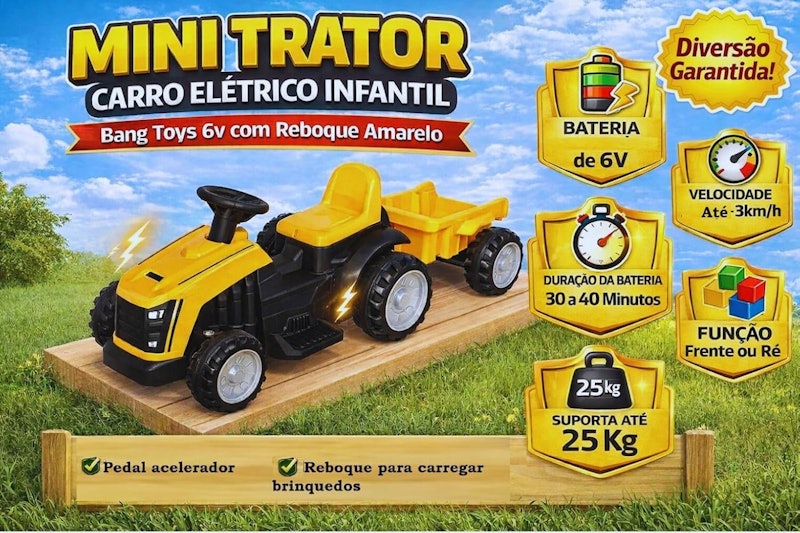Carro Elétrico Trator Amarelo Bang Toys 5
