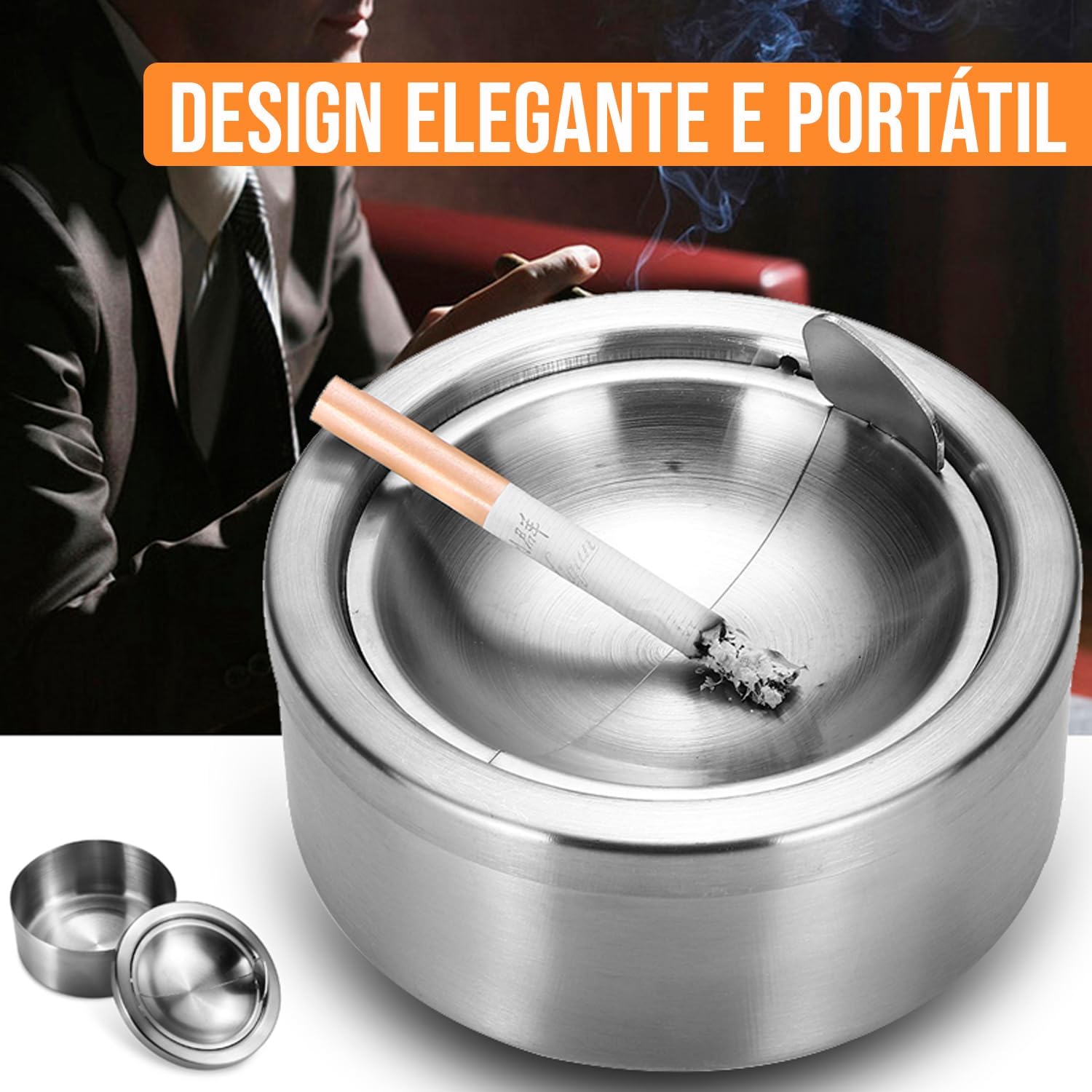 Cinzeiro de Inox Anticheiro Antivento sem Fumaça com Tampa 2